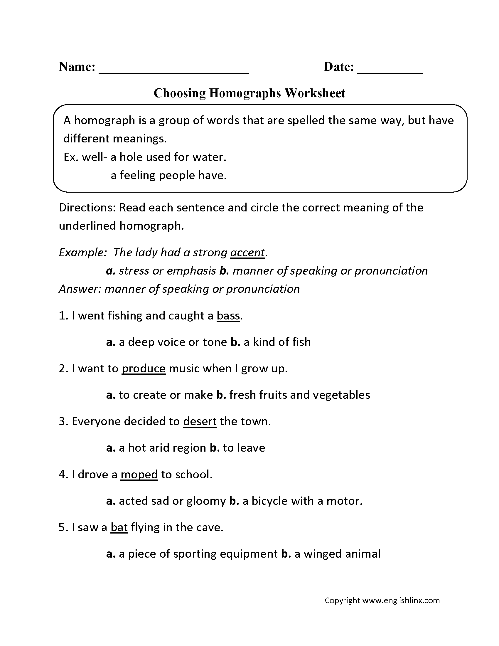 Vocabulary Worksheets Homograph Worksheets