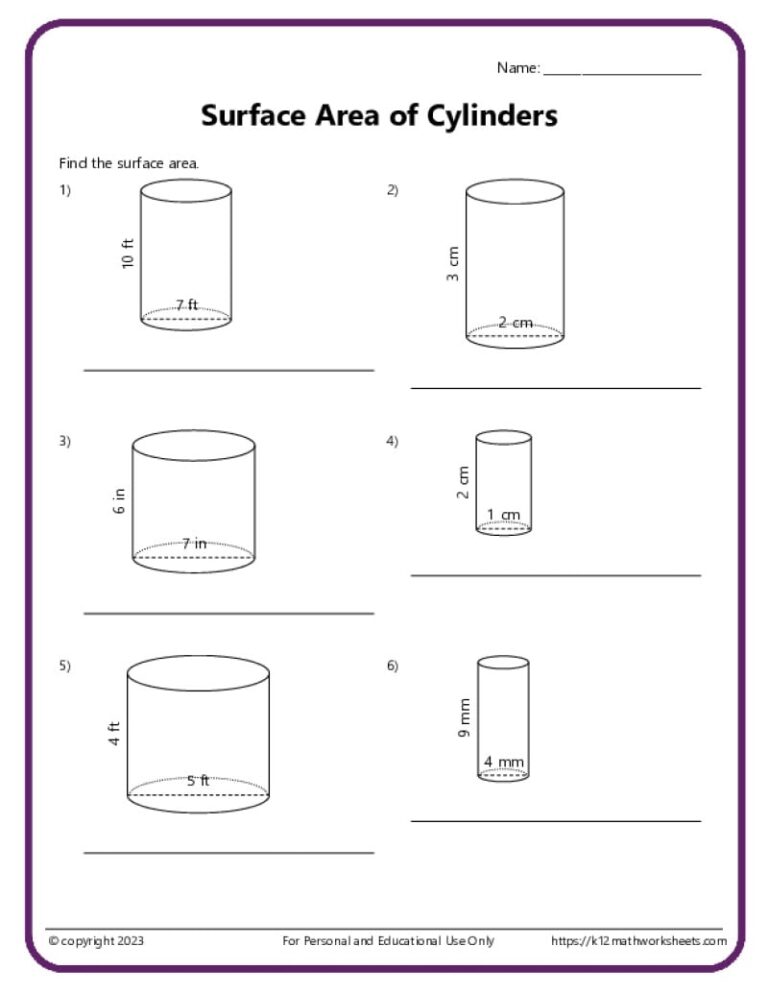 Volume And Surface Area Of Cylinders K12 Math Worksheets