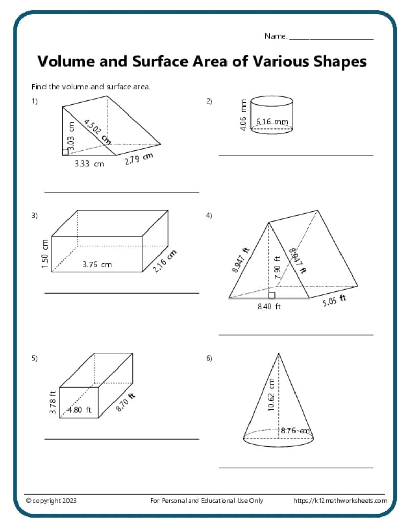 Volume And Surface Area Of Various Shapes K12 Math Worksheets Volume And Surface Area Of Various Shapes K12 Math Worksheets