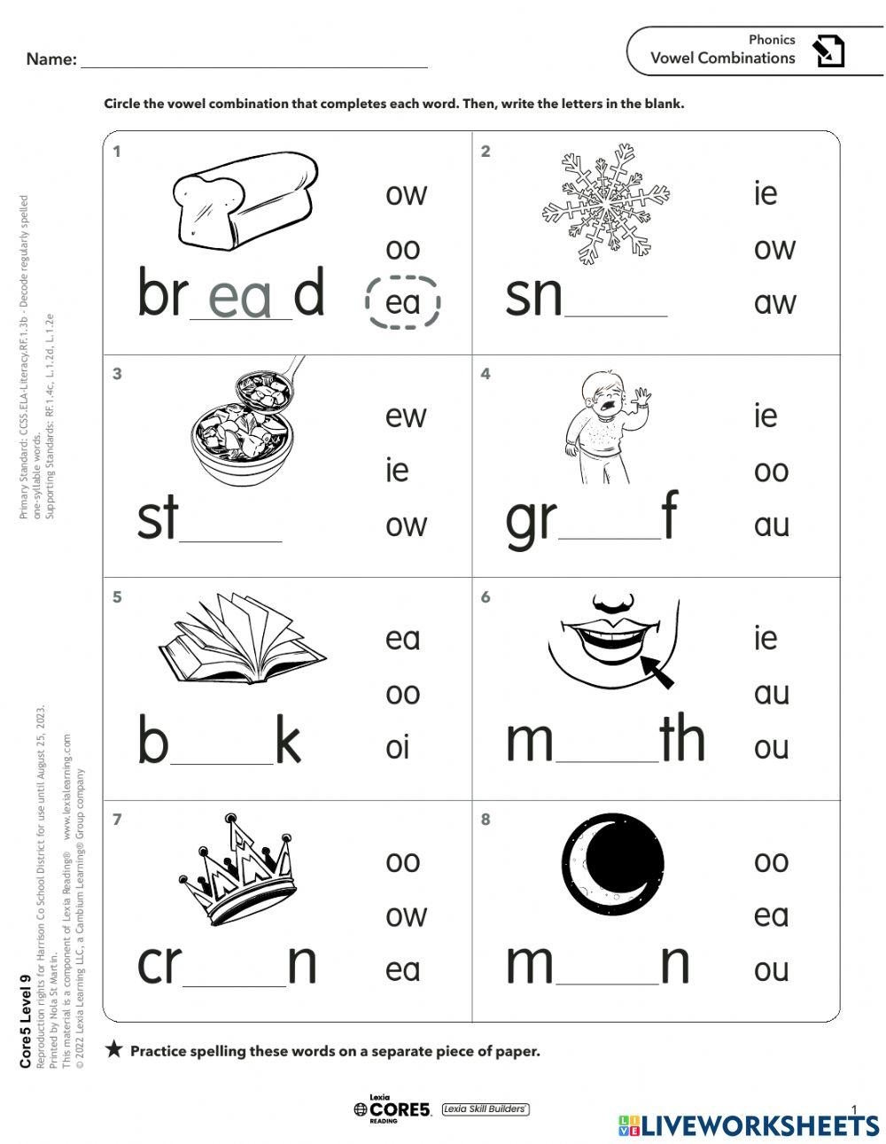 Vowel Combinations Online Exercise For Live Worksheets Worksheets Library