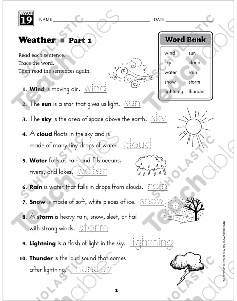 Weather Content Words Grade 1 Vocabulary Printable Skills Sheets