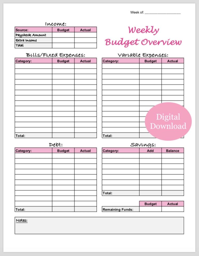 Weekly Budget Overview Template Printable Pink 