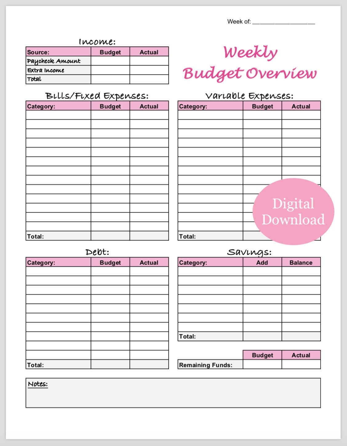 Weekly Budget Overview Template Printable Pink