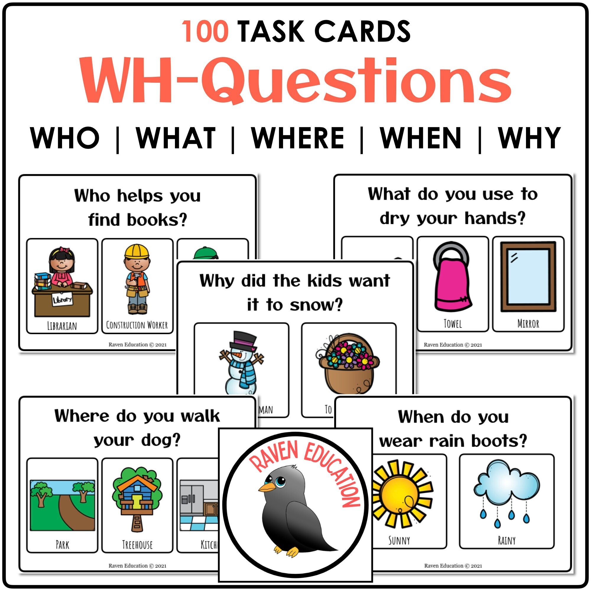 Wh questions 100 Printable Task Cards who What Where When 