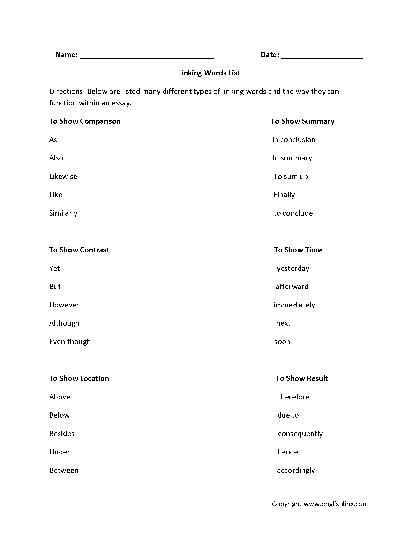 Writing Worksheets Linking Words Worksheets