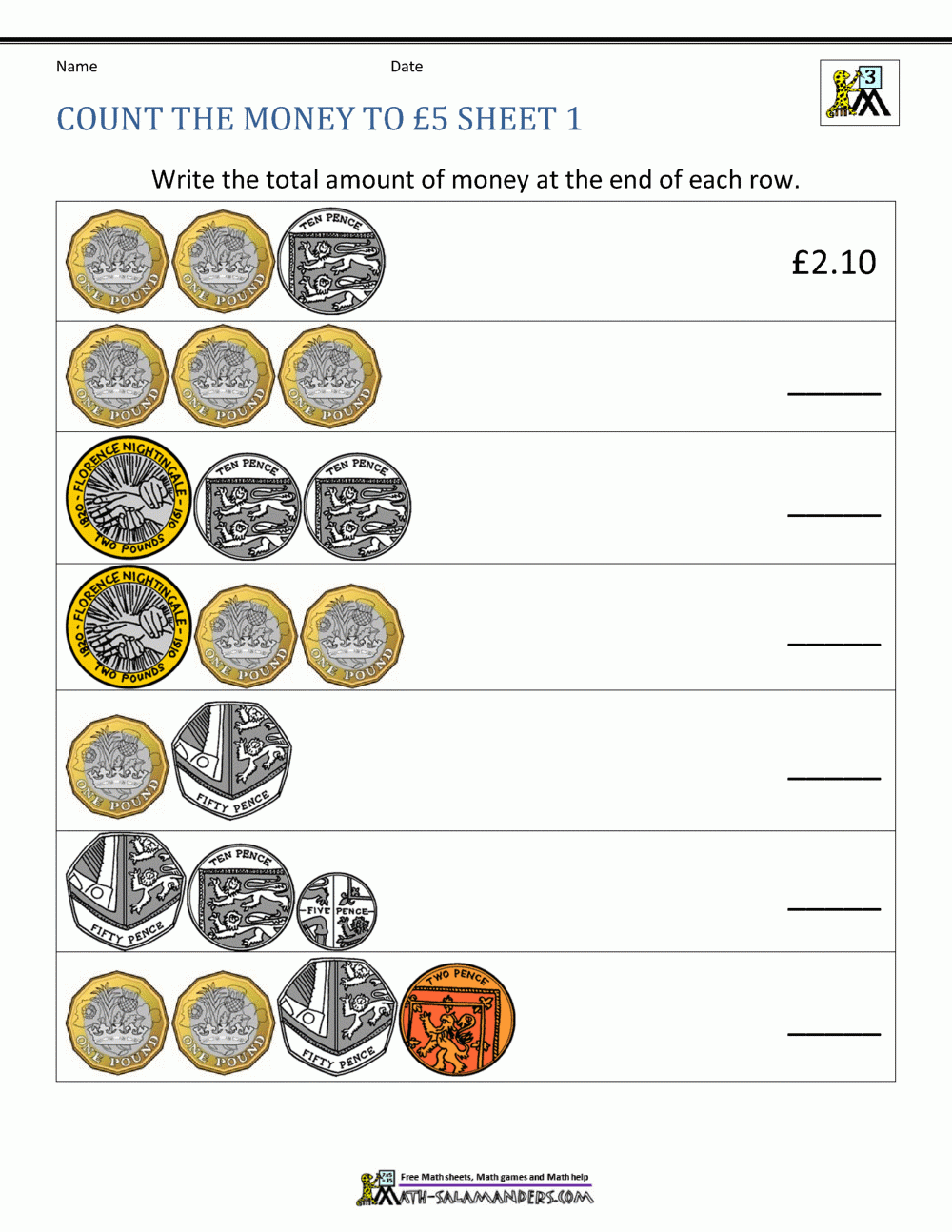 Year 3 Money Worksheets Counting Money To 5