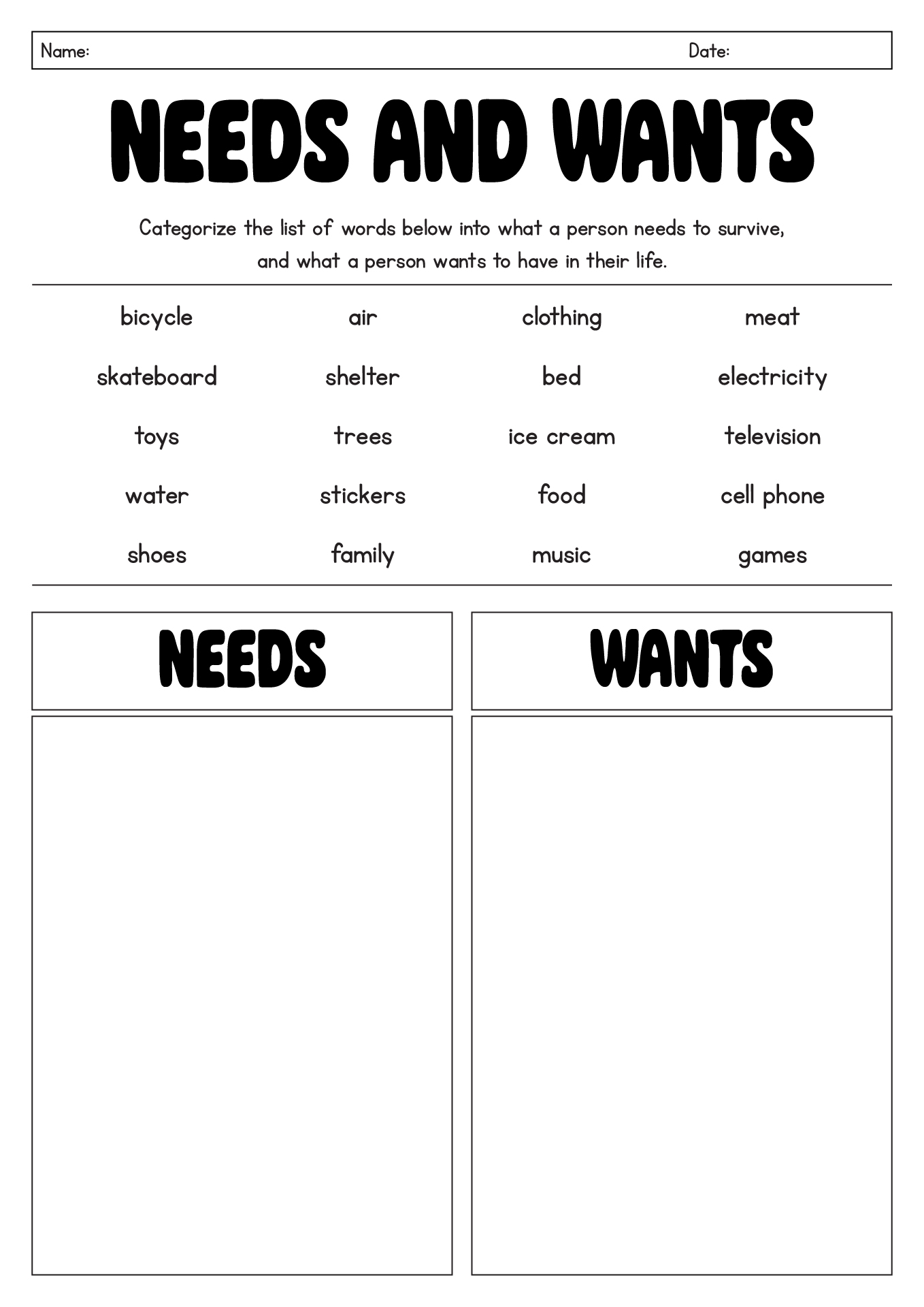 Free Printable Needs And Wants Worksheets Free Printable Needs And Wants Worksheets