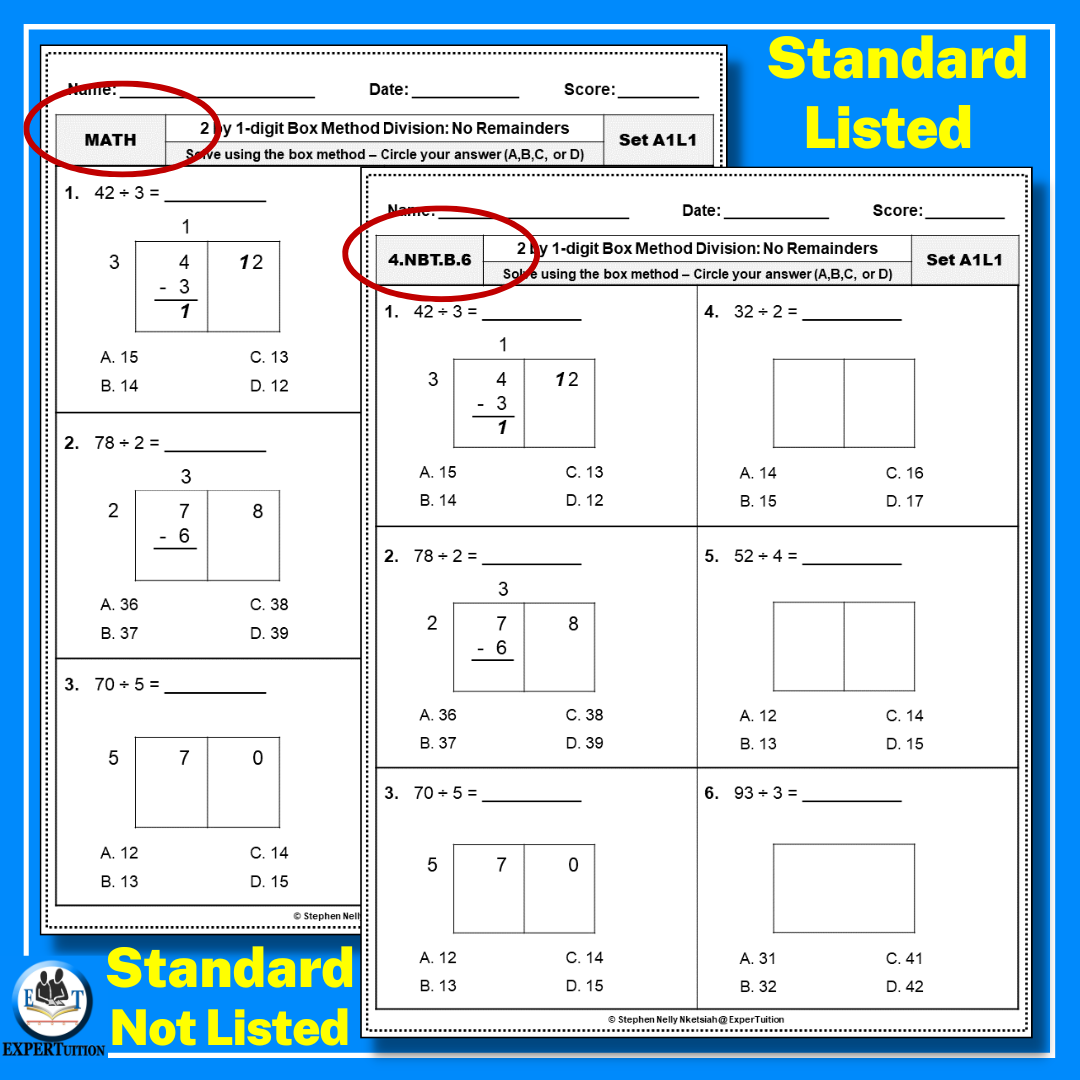 2 Digit By 1 Digit Box Method Division Worksheets 4th Grade Division With And Without Remainders