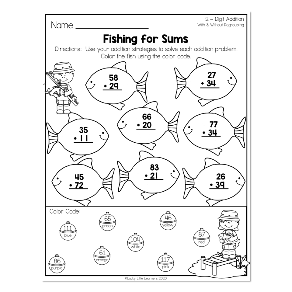 2nd Grade Math Worksheets 2 Digit Addition With Regrouping Fishing For Sums Lucky Little Learners 2nd Grade Math Worksheets 2 Digit Addition With Regrouping Fishing For Sums Lucky Little Learners
