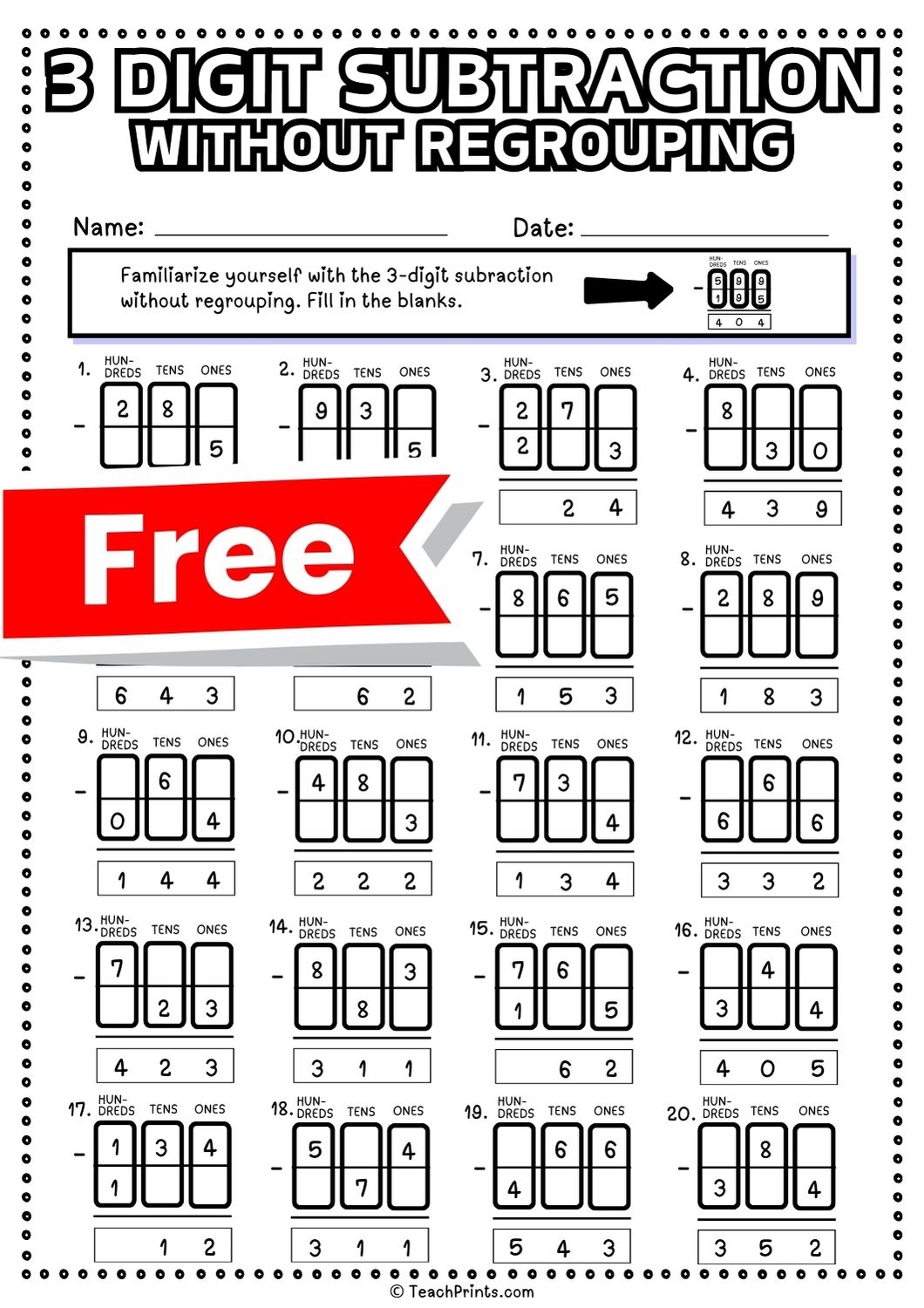 Free Printable 3 Digit Subtraction Worksheets Free Printable 3 Digit Subtraction Worksheets