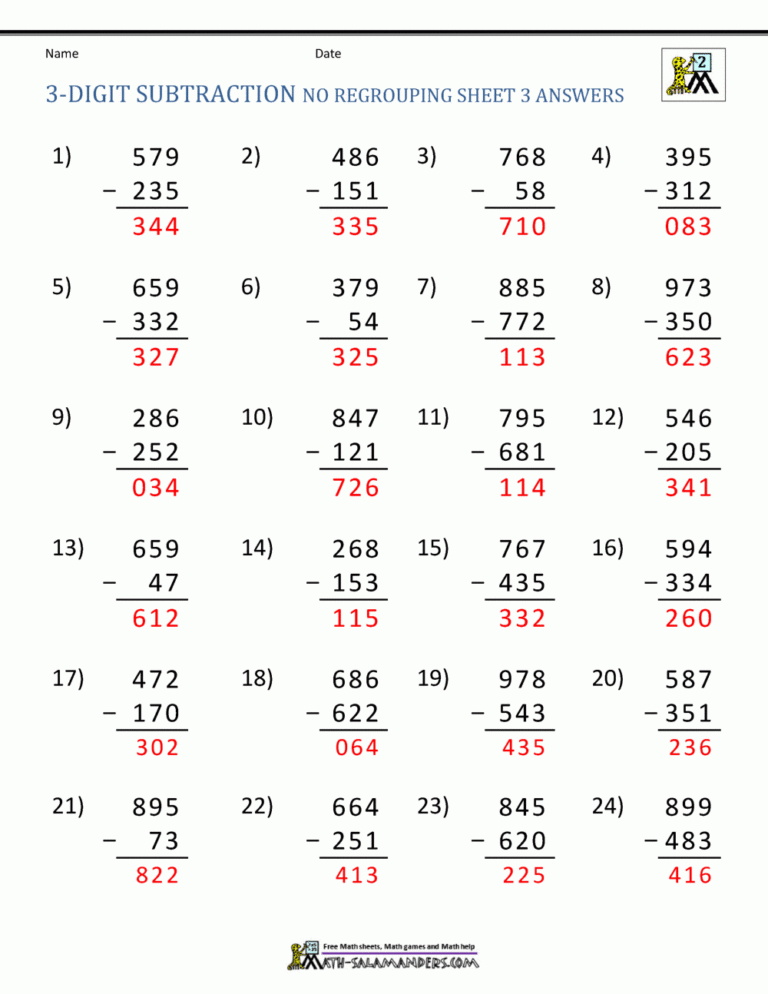 3 Digit Subtraction Worksheets
