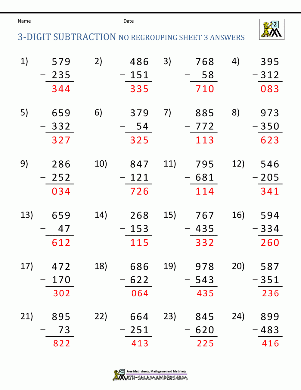 3 Digit Subtraction Worksheets