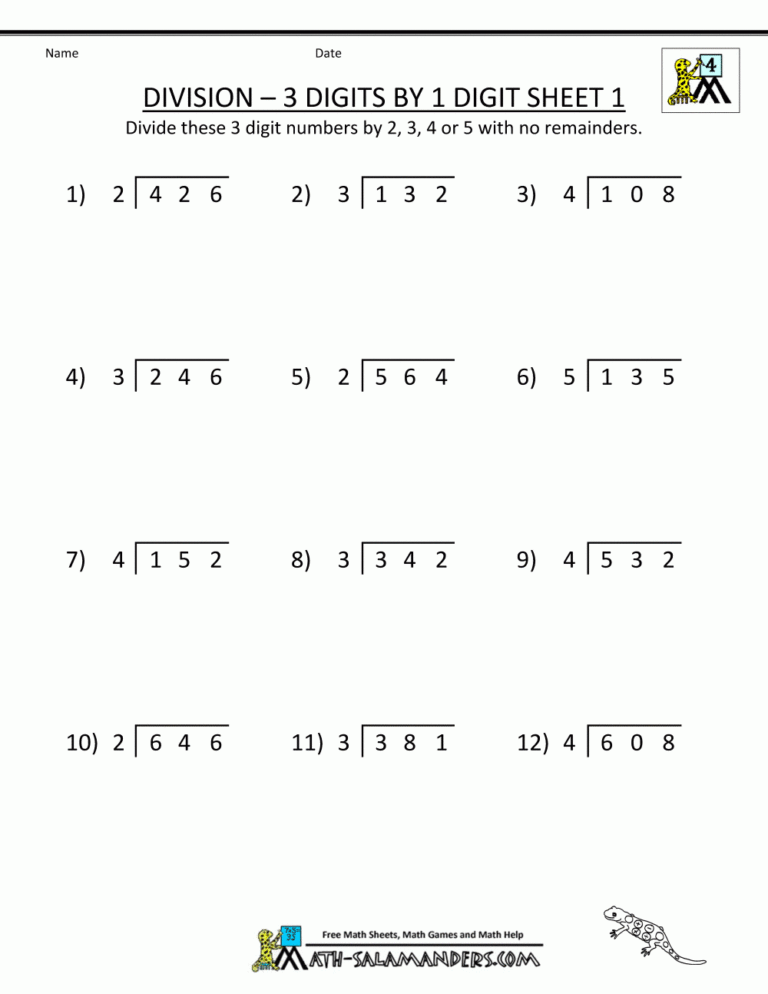 3 Digits By 1 Digit Division Sheet 1