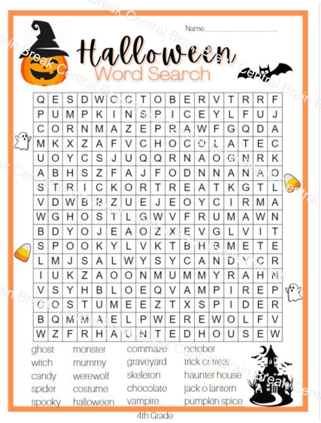 4th Grade Halloween Word Search With Answer Key Etsy