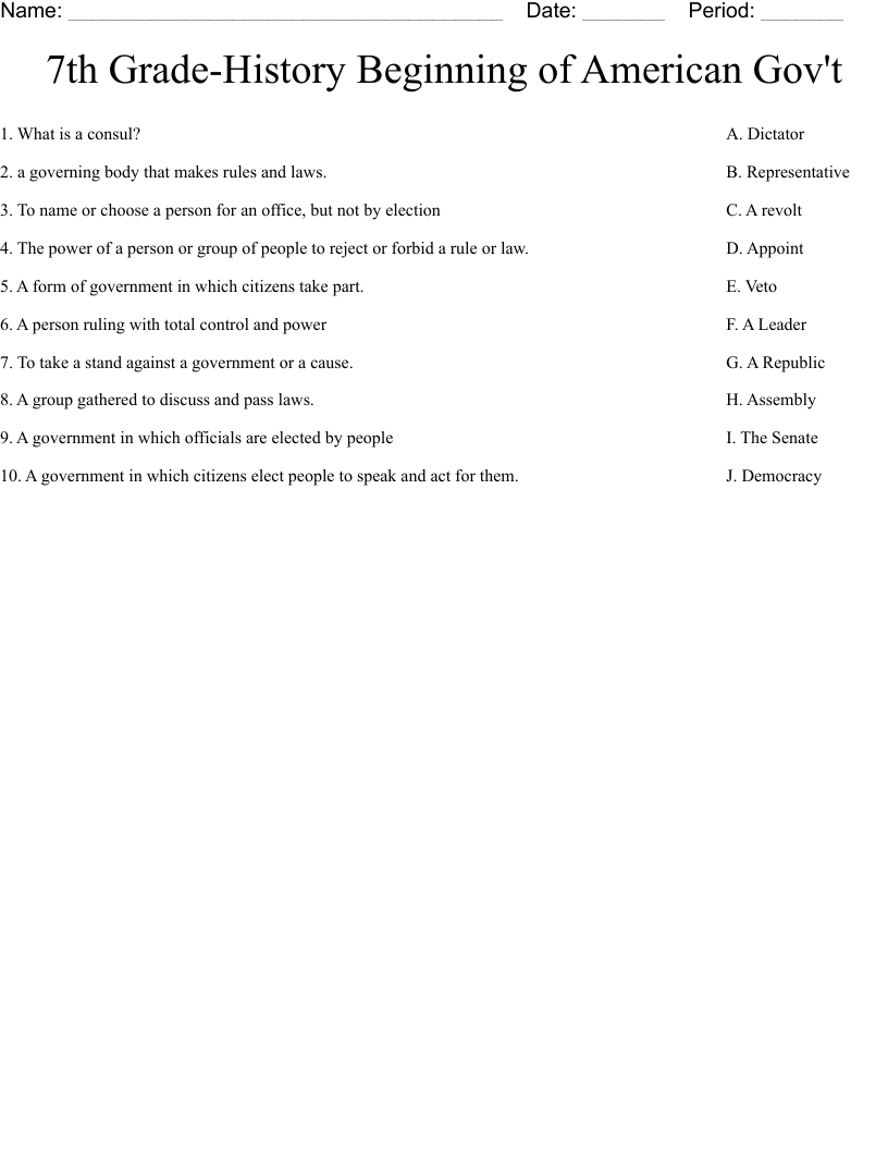 7th Grade History Beginning Of American Gov t Worksheet WordMint