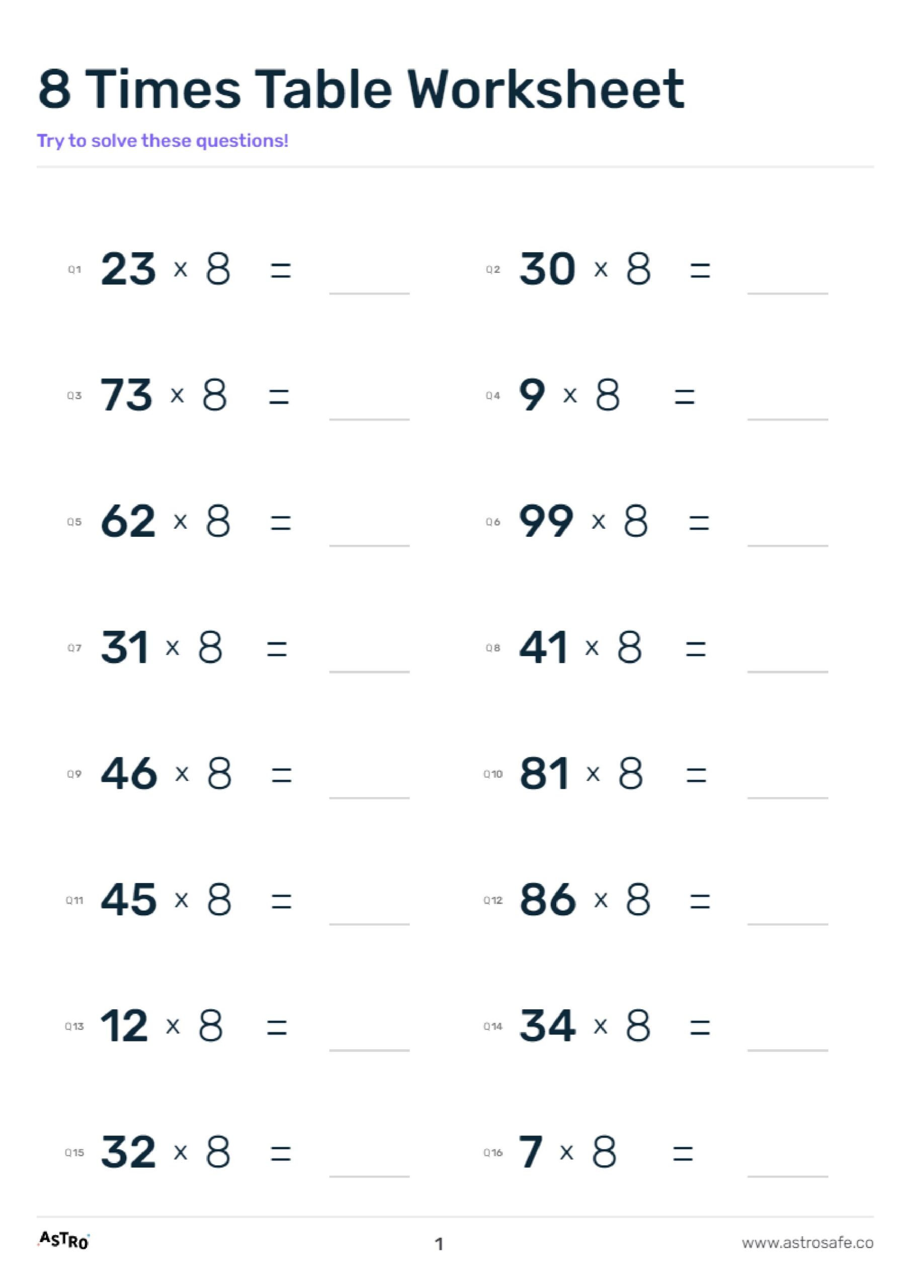 8 Times Table Lessons Printable Worksheets U0026 Charts AstroSafe