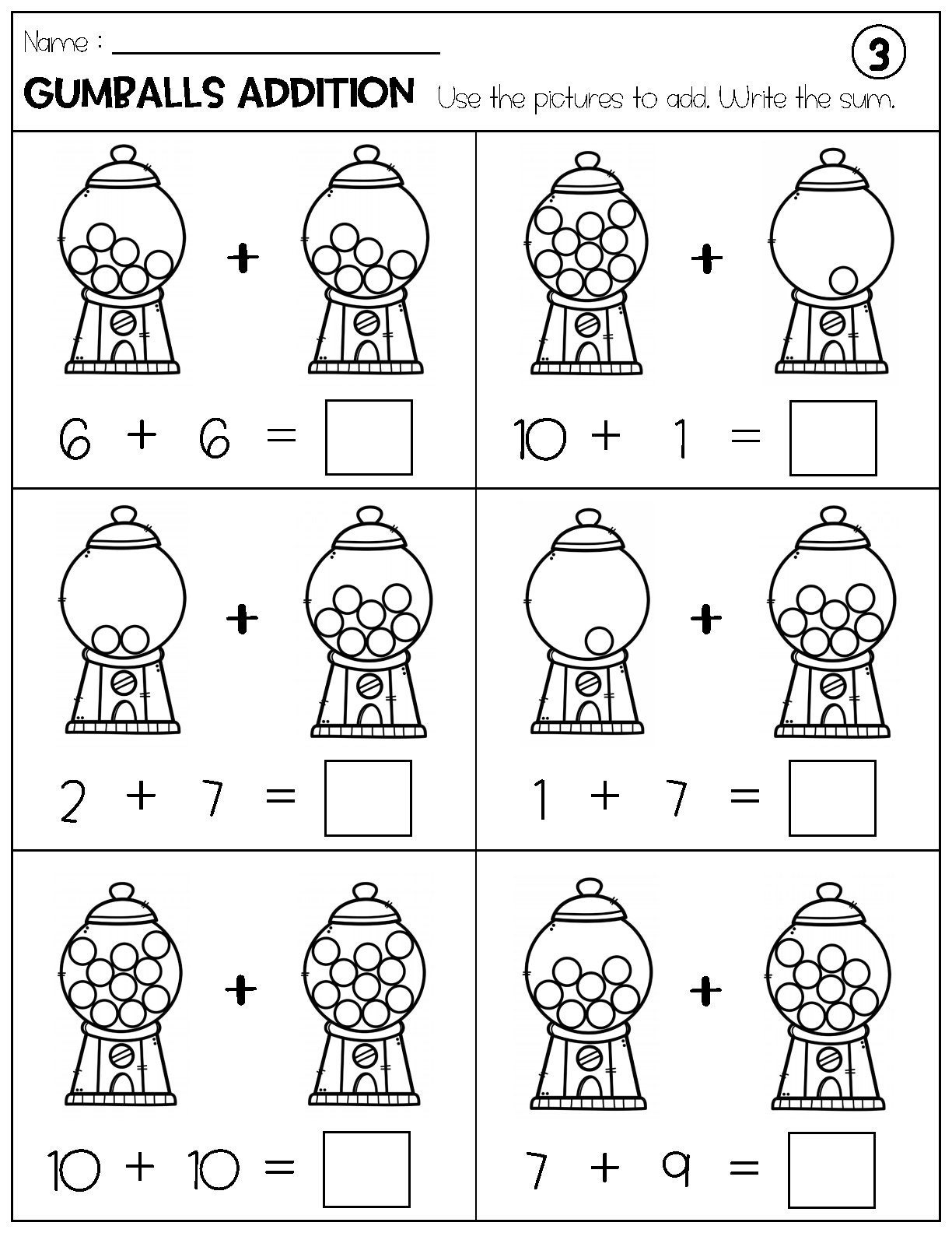 Addition With Pictures Sum Up To 20 Worksheets Adding Gumballs Pictures Math Worksheets Printable Etsy Norway