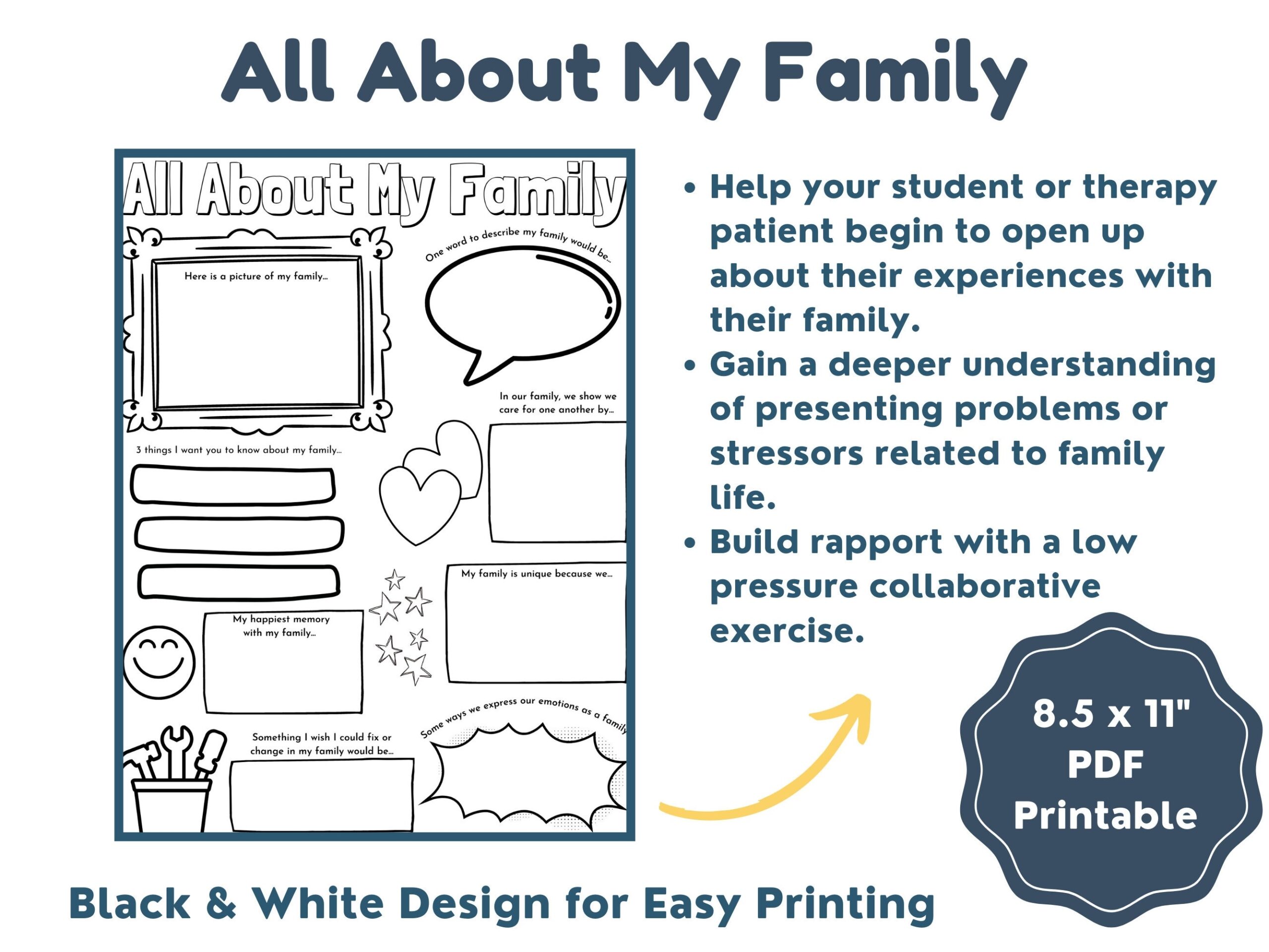 All About My Family Printable Therapy Worksheet Child Counseling Intake Activity Coloring Play Therapy School Guidance Social Work Etsy