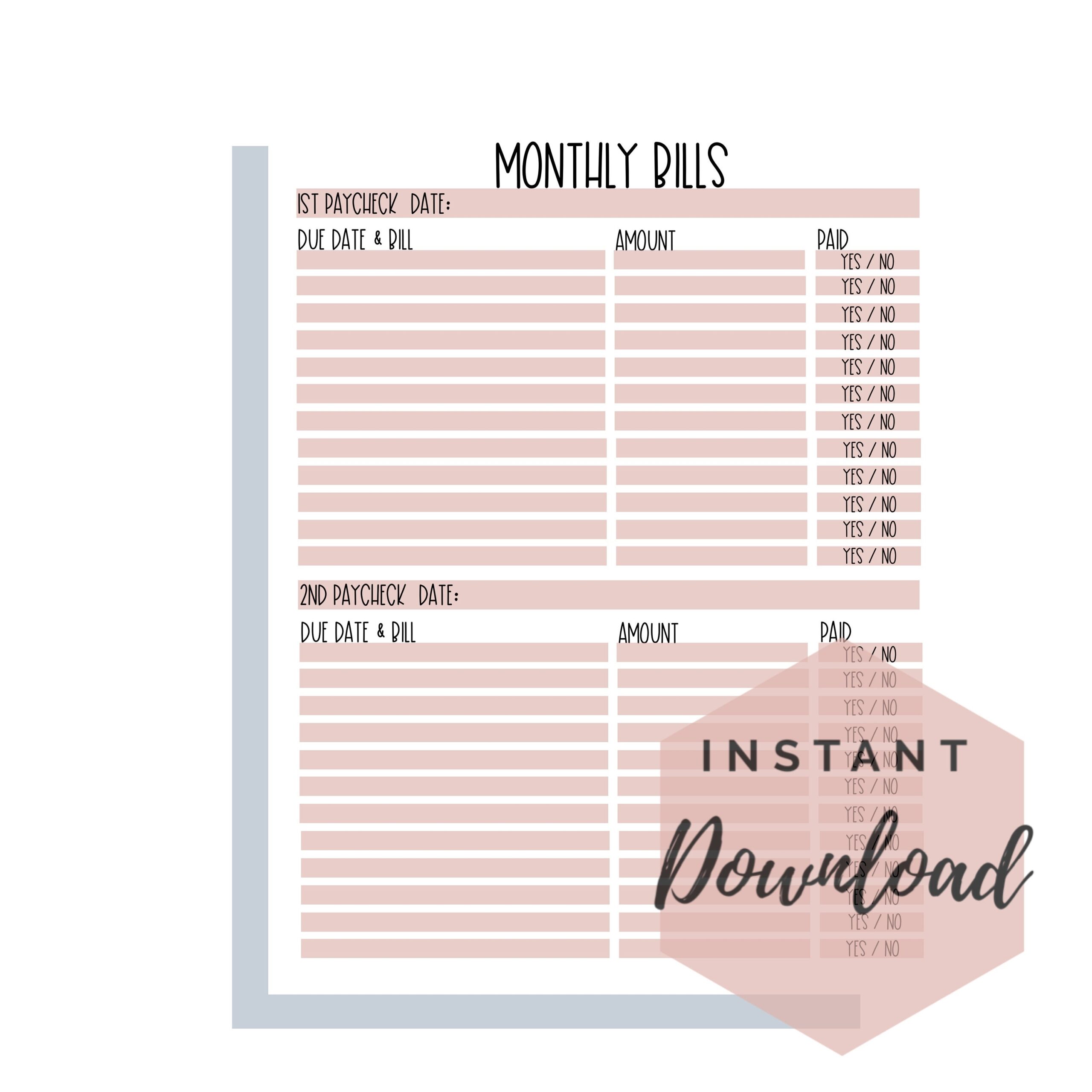 Bi weekly Bill Tracker Printable PDF Letter Etsy