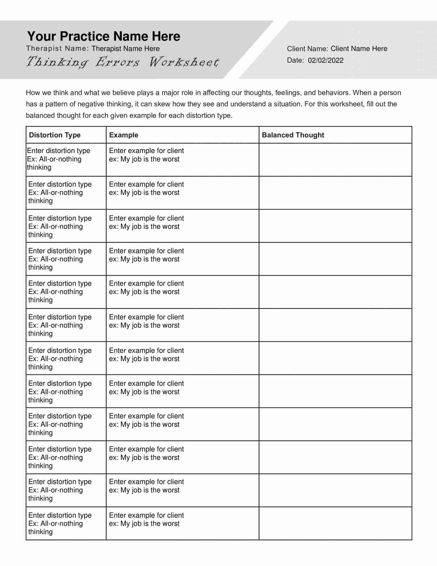 CBT Thinking Errors Worksheet PDF