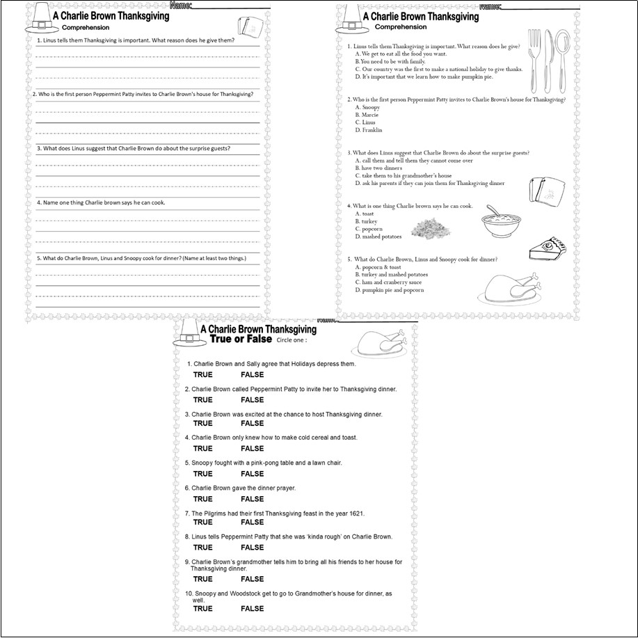 Charlie Brown Thanksgiving Comprehension Quiz Questions True False 