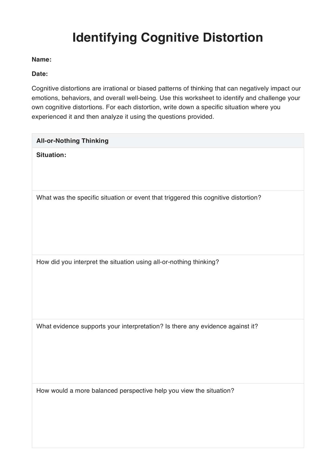 Free Printable Thinking Error Worksheet Free Printable Thinking Error Worksheet