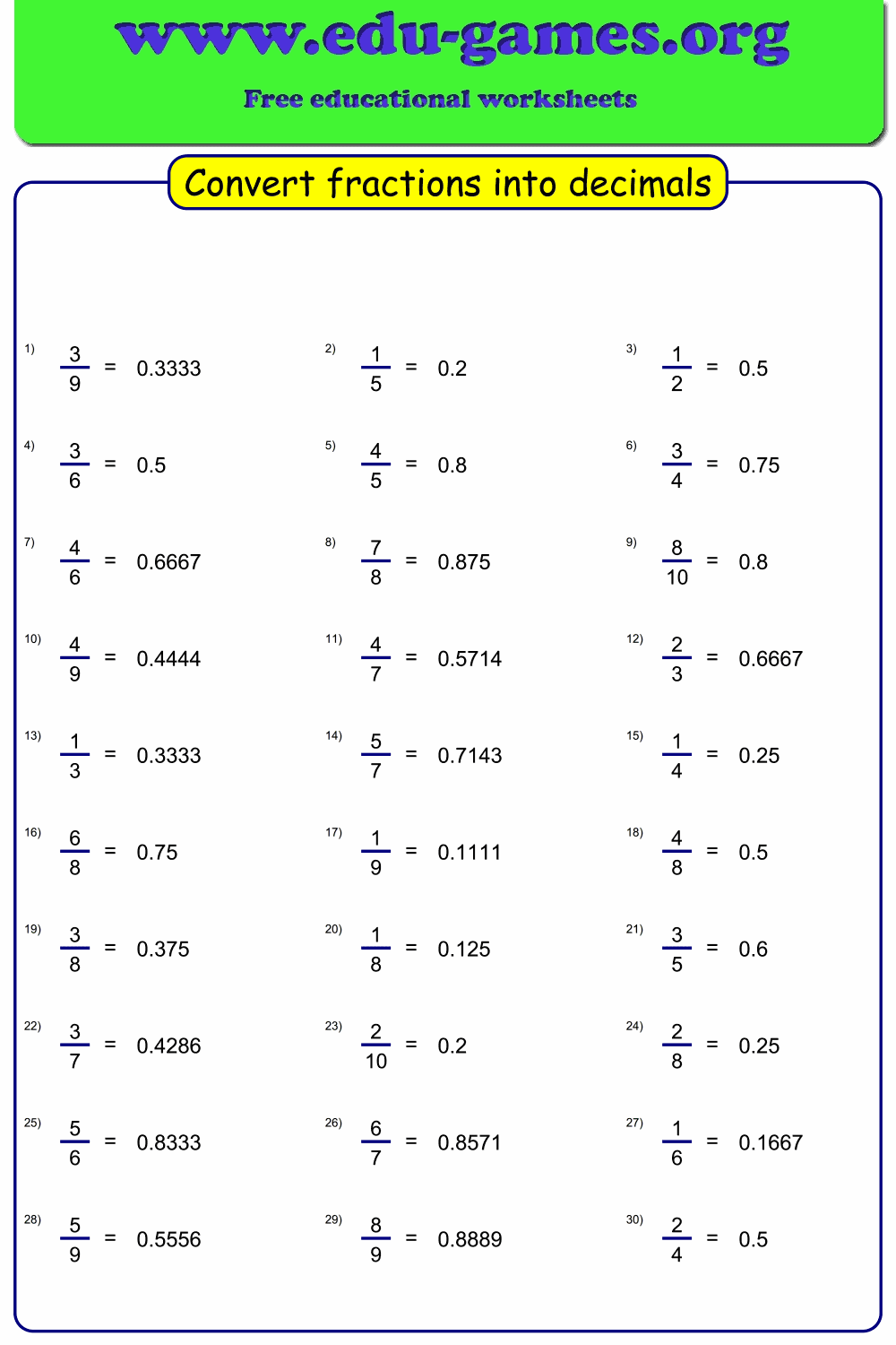 Convert Fraction To Decimal Worksheet Maker Free Printable Worksheets Library