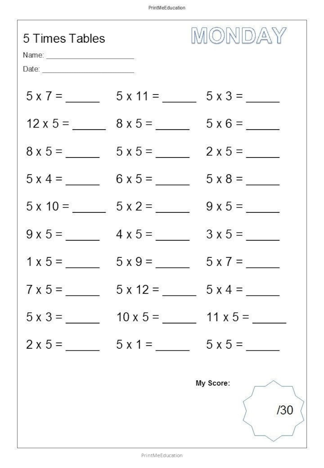 Daily Printable 5 X Times Tables Practice Worksheets With Answers 