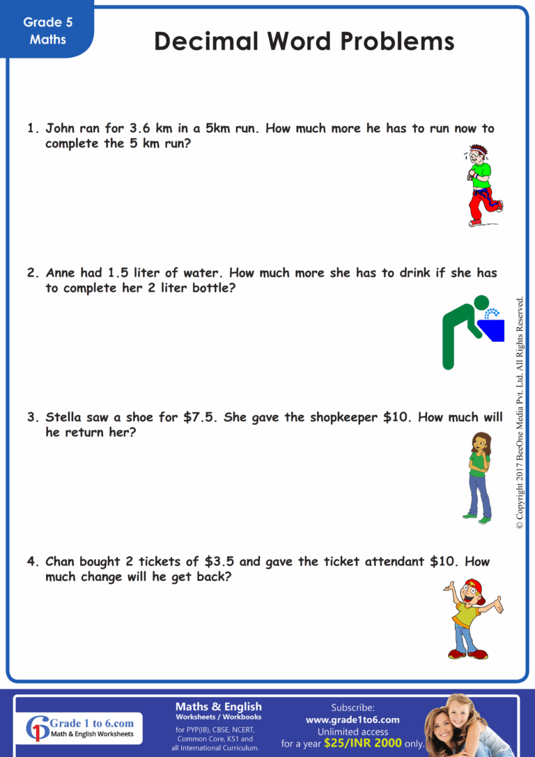 Decimal Word Problem Worksheet Grade1to6
