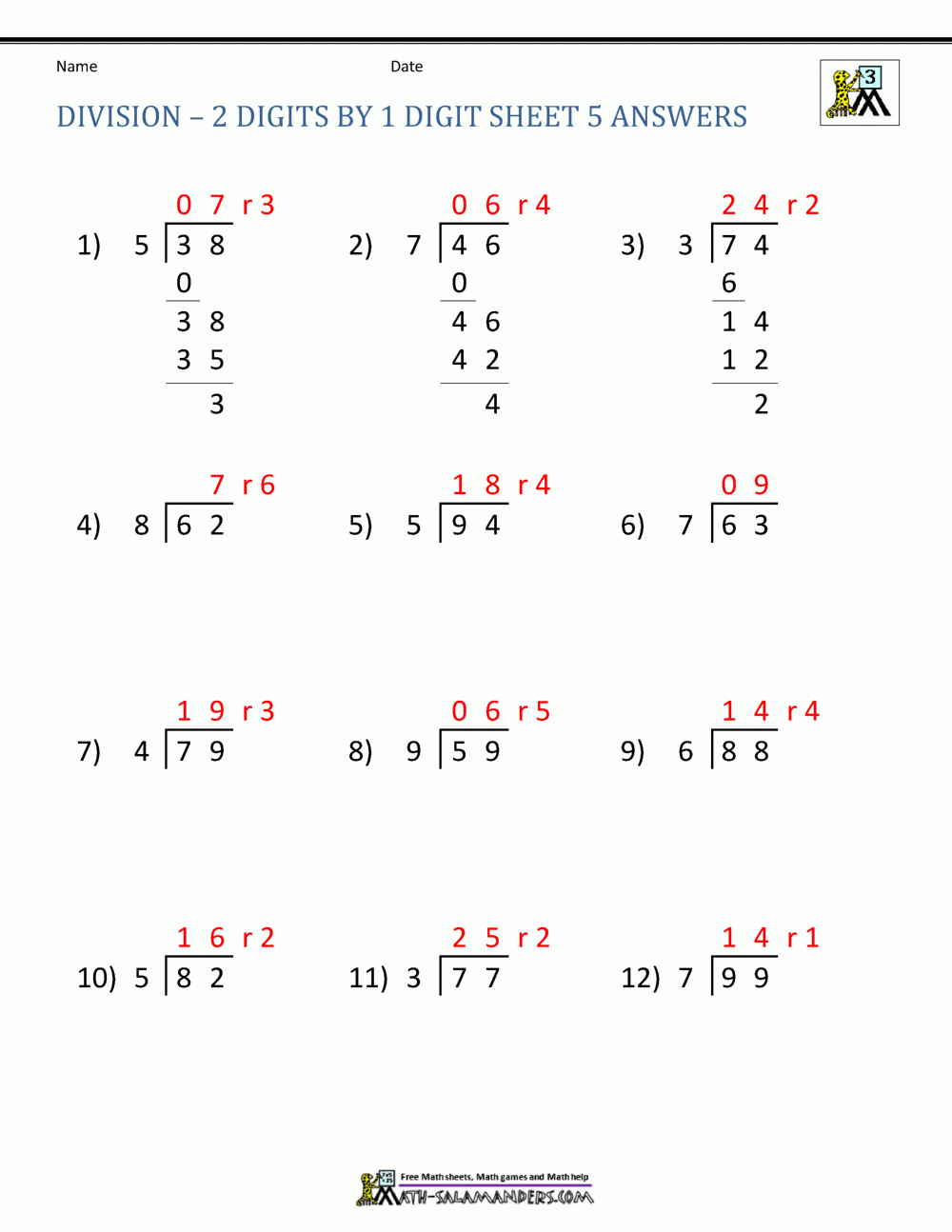 Division Worksheets 3rd Grade