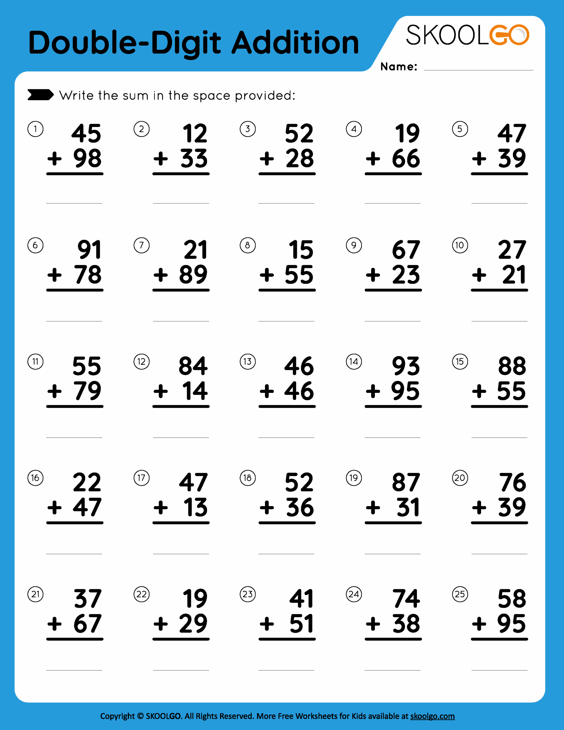 Double Digit Addition Free Worksheet For Kids SKOOLGO Worksheets Library