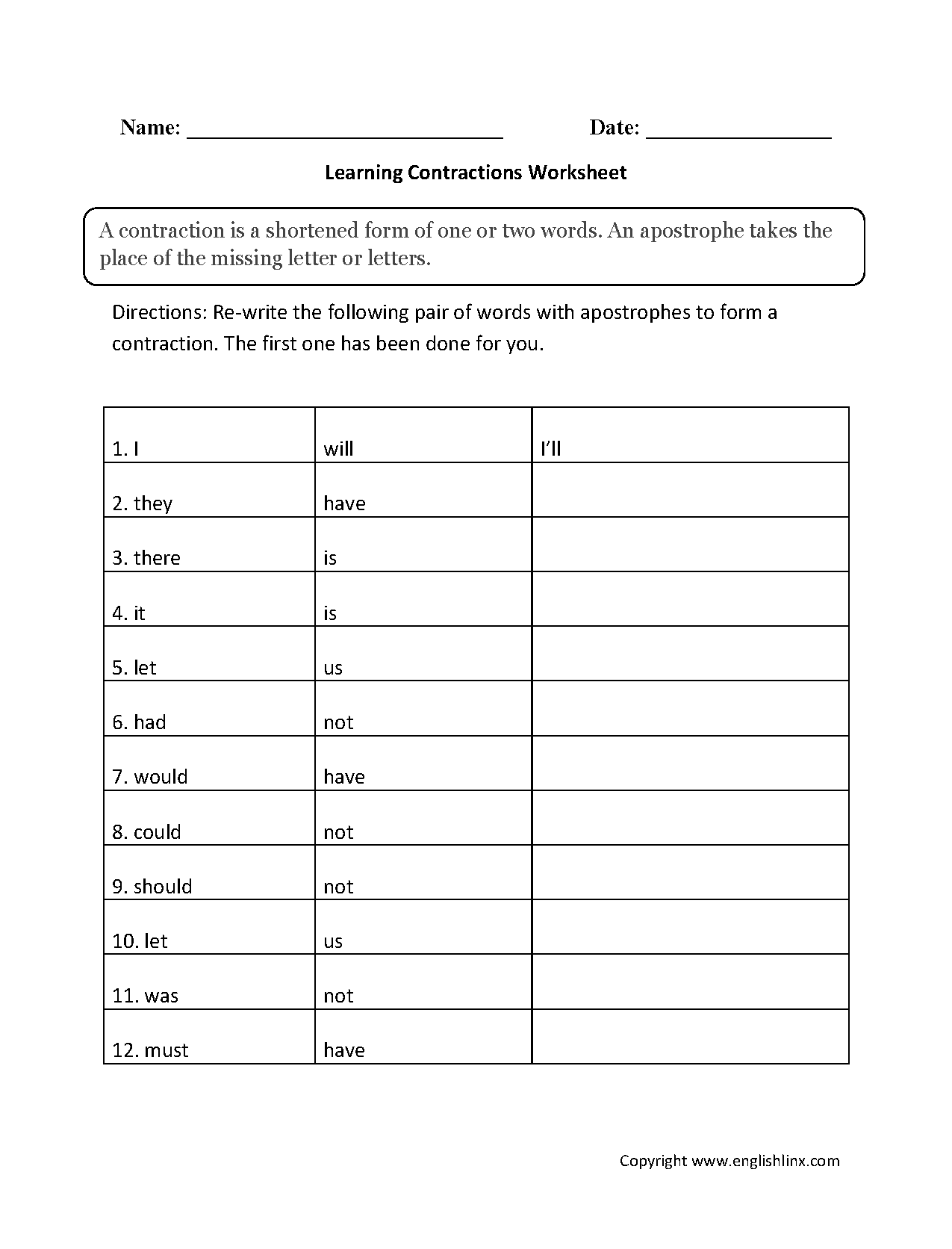 Englishlinx Contractions Worksheets Englishlinx Contractions Worksheets