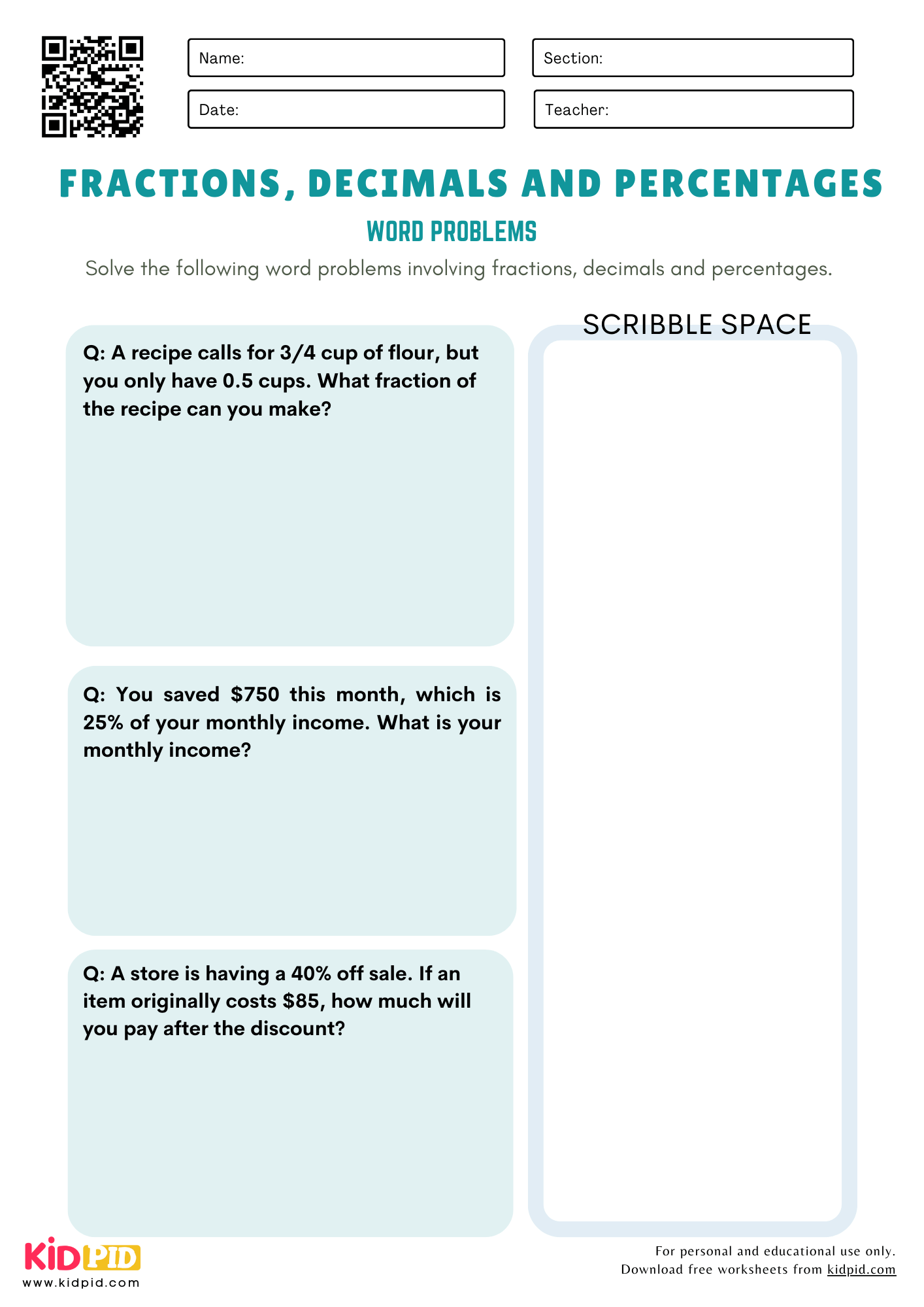 Fractions Decimals And Percentages Word Problem Maths Worksheet 
