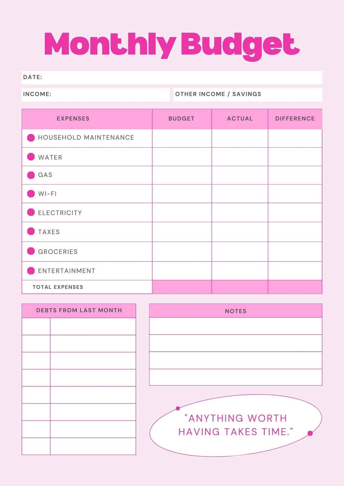 Easy Free Printable Budget Worksheet Pdf