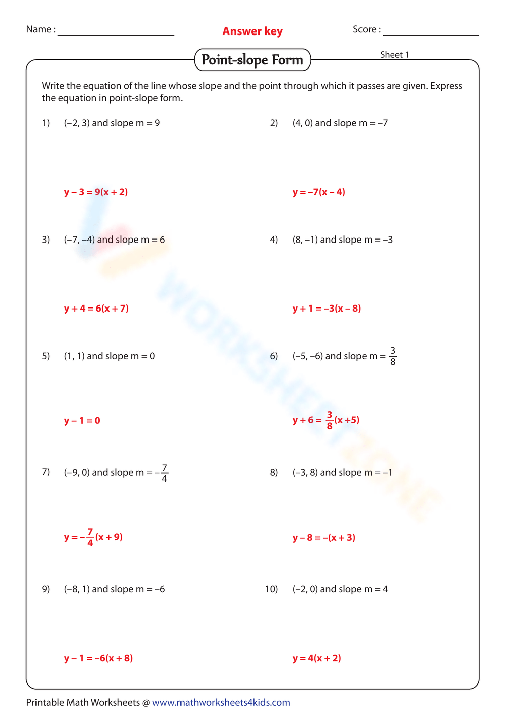 Free Collection Of Point Slope Form Practice Worksheets 