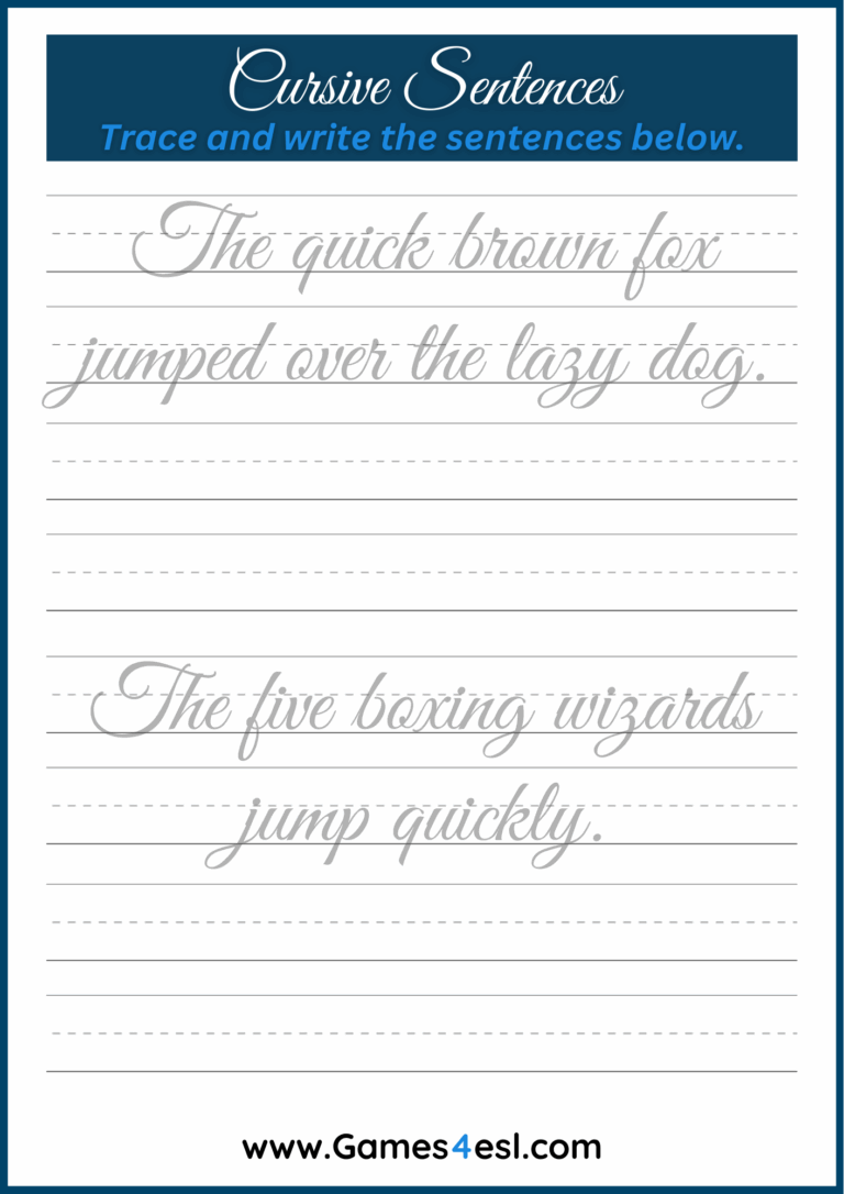 Free Cursive Writing Worksheets To Practice Writing Cursive Letters Games4esl