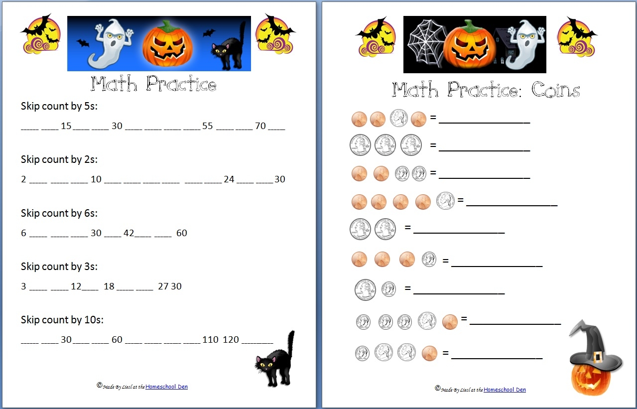 Free Halloween Math Worksheets Addition Subtraction Coins And Skip Counting Homeschool Den