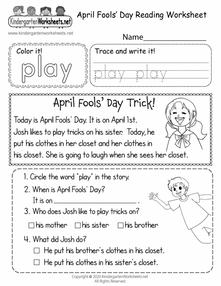 Free Printable April Fools Day Reading Worksheet