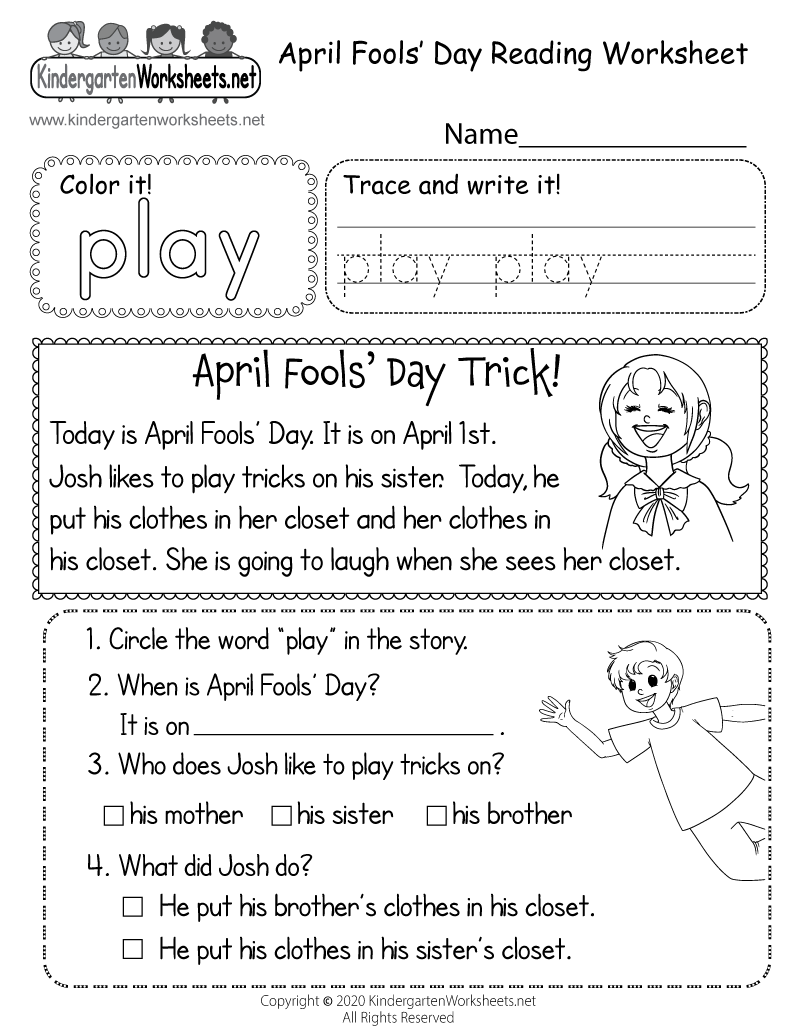 Free Printable April Fools Day Reading Worksheet