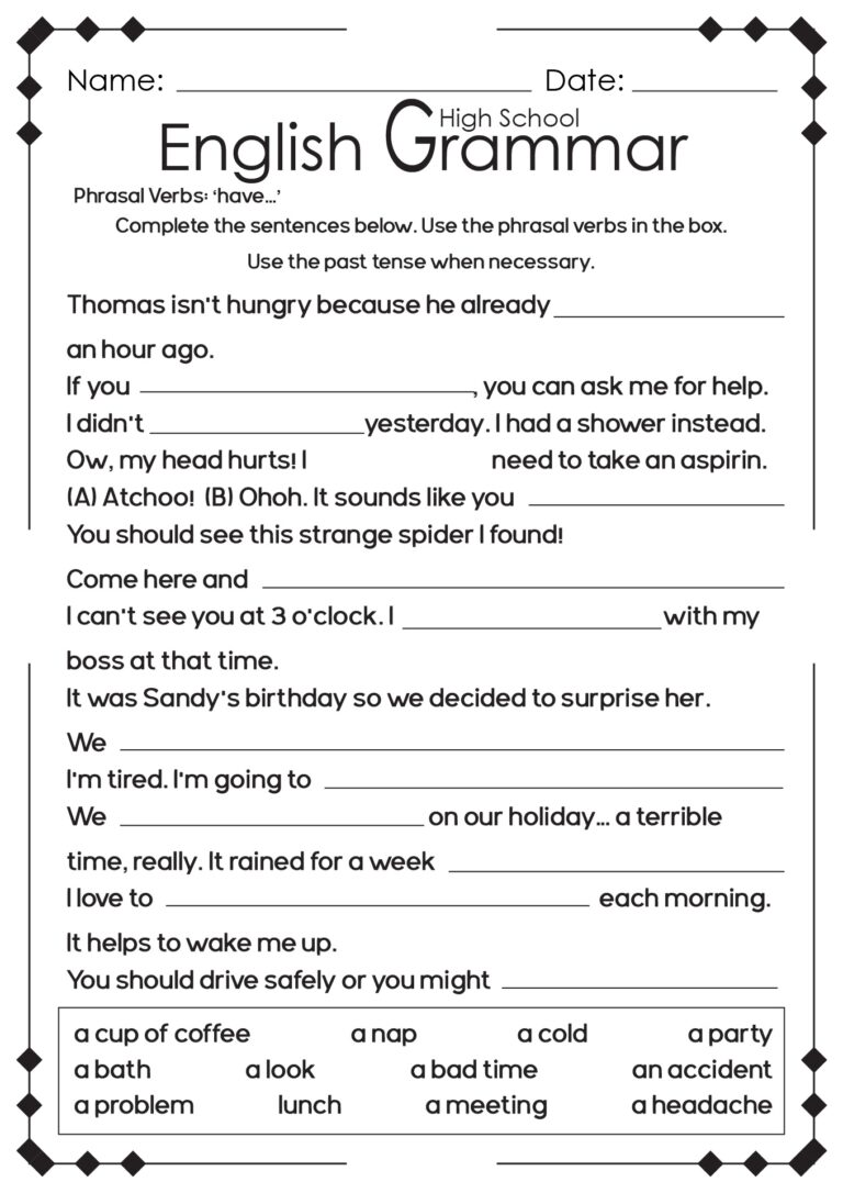 Free Printable High School English Worksheet Download Free