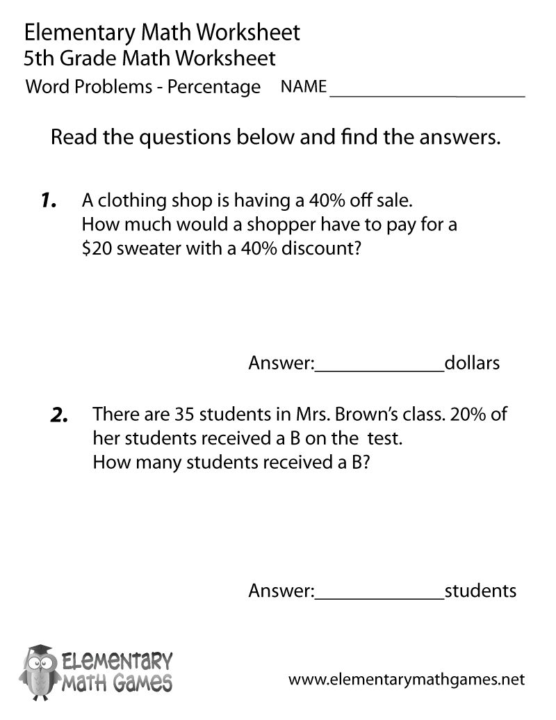 Free Printable Percentage Word Problems Worksheet For Fifth Grade