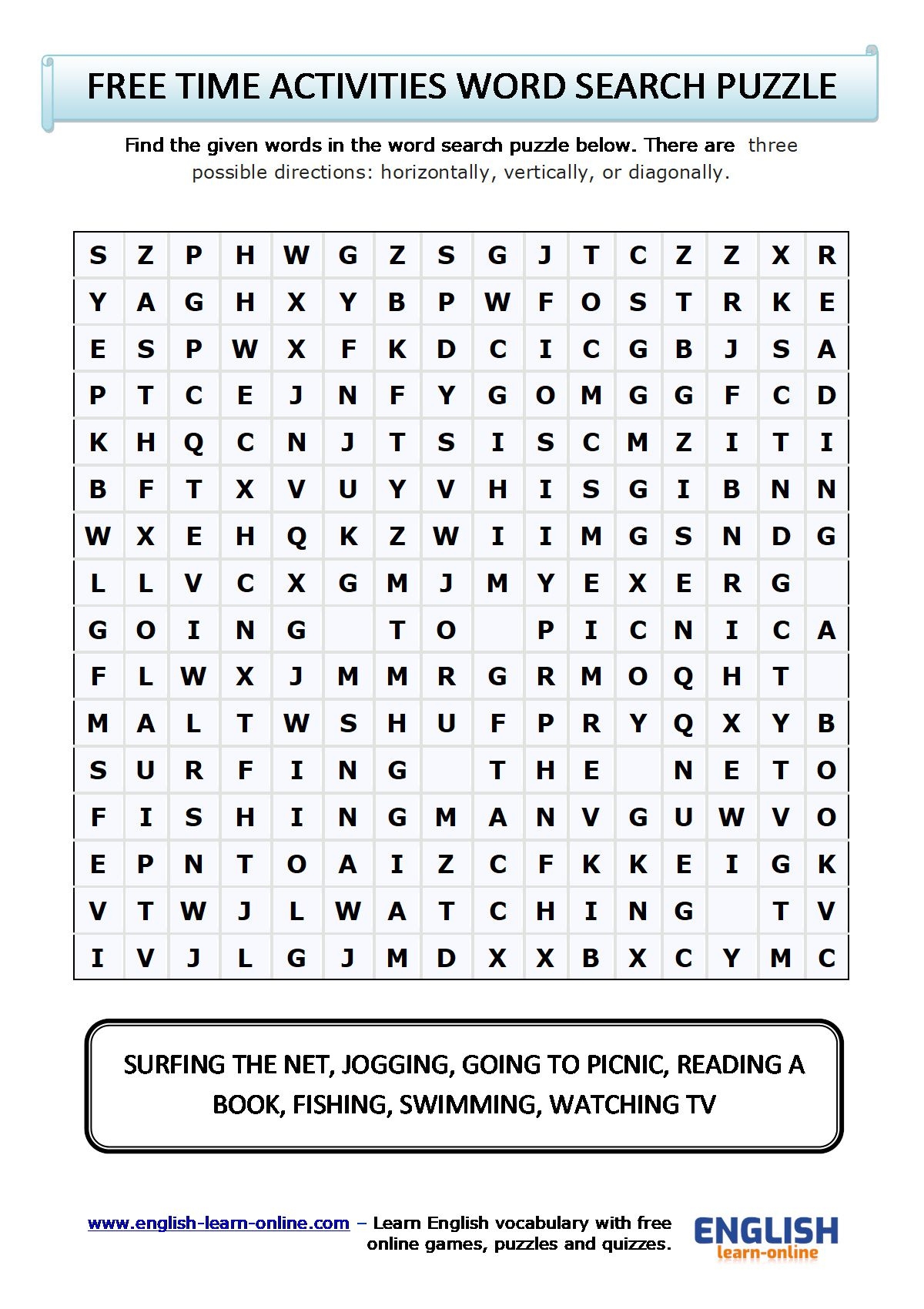 Printable Worksheets Free Time Activities