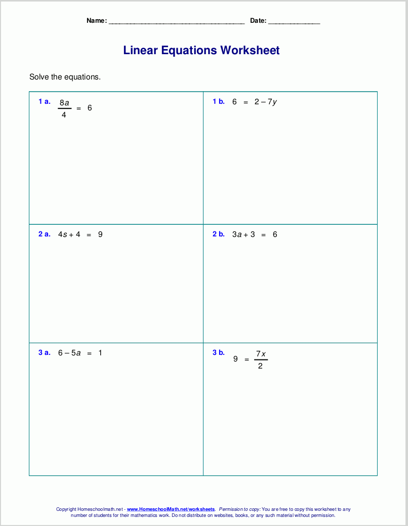 Free Worksheets For Linear Equations grades 6 9 Pre algebra 