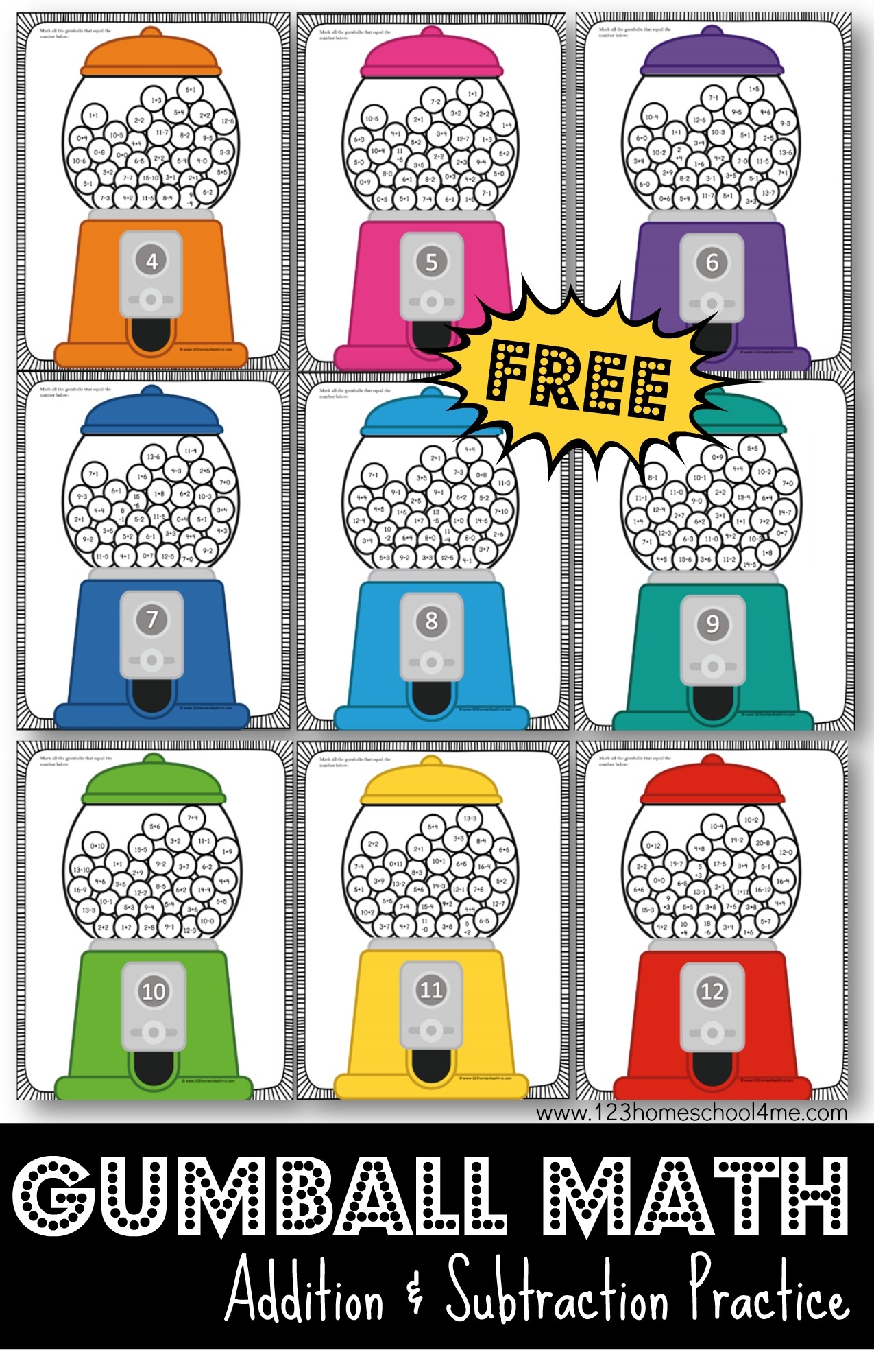 Gumball Addition And Subtraction Worksheets Pdf 123 Homeschool 4 Me