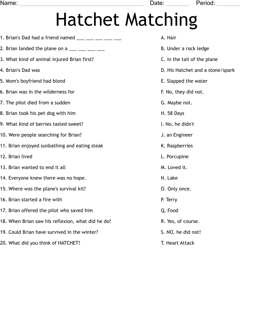 Hatchet Matching Worksheet WordMint