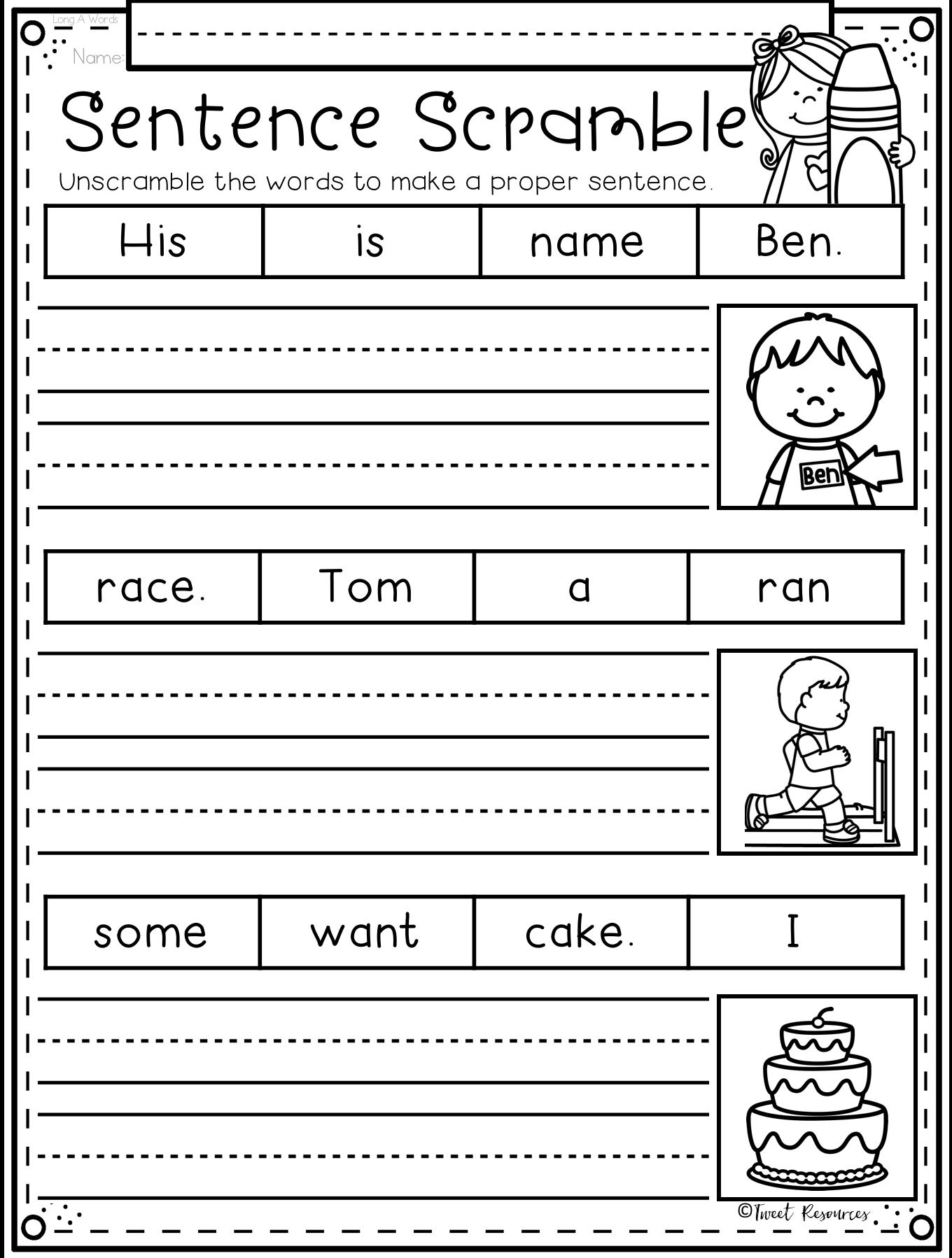 Kindergarten Scrambled Sentences Worksheets 2025