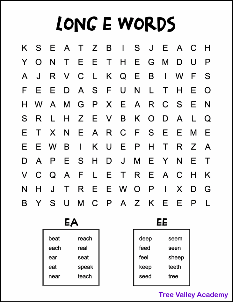Long E Word Search Tree Valley Academy