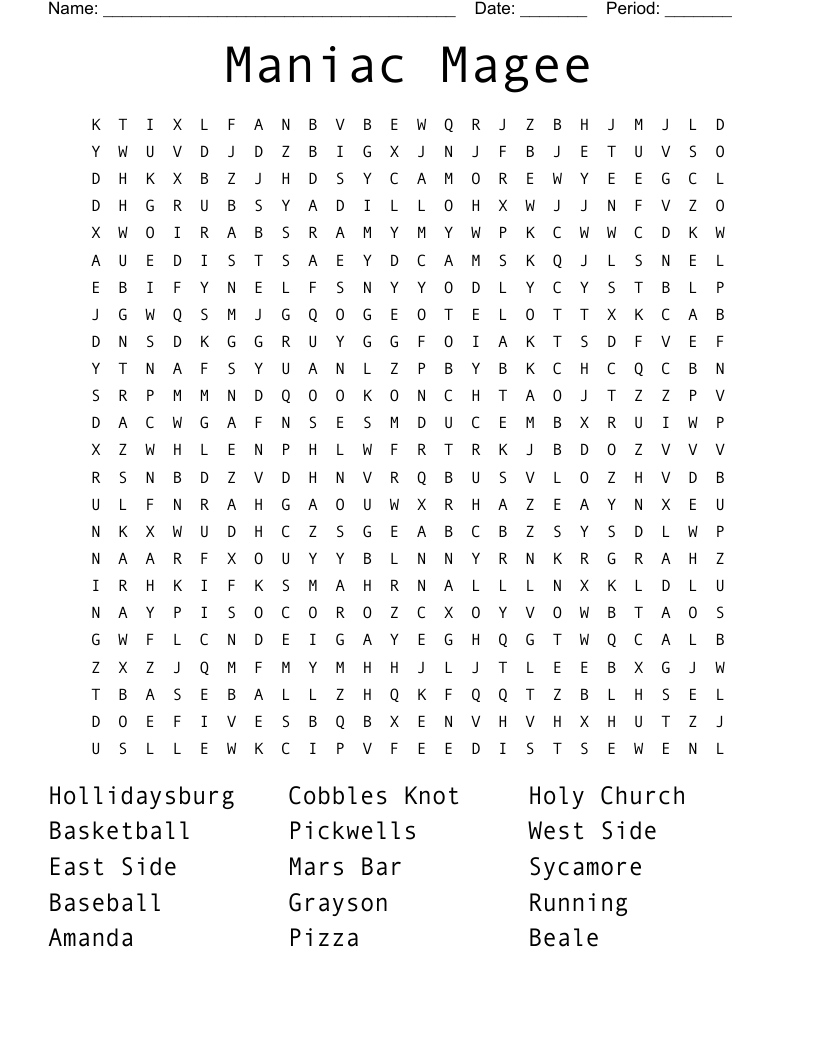 Maniac Magee Word Search WordMint