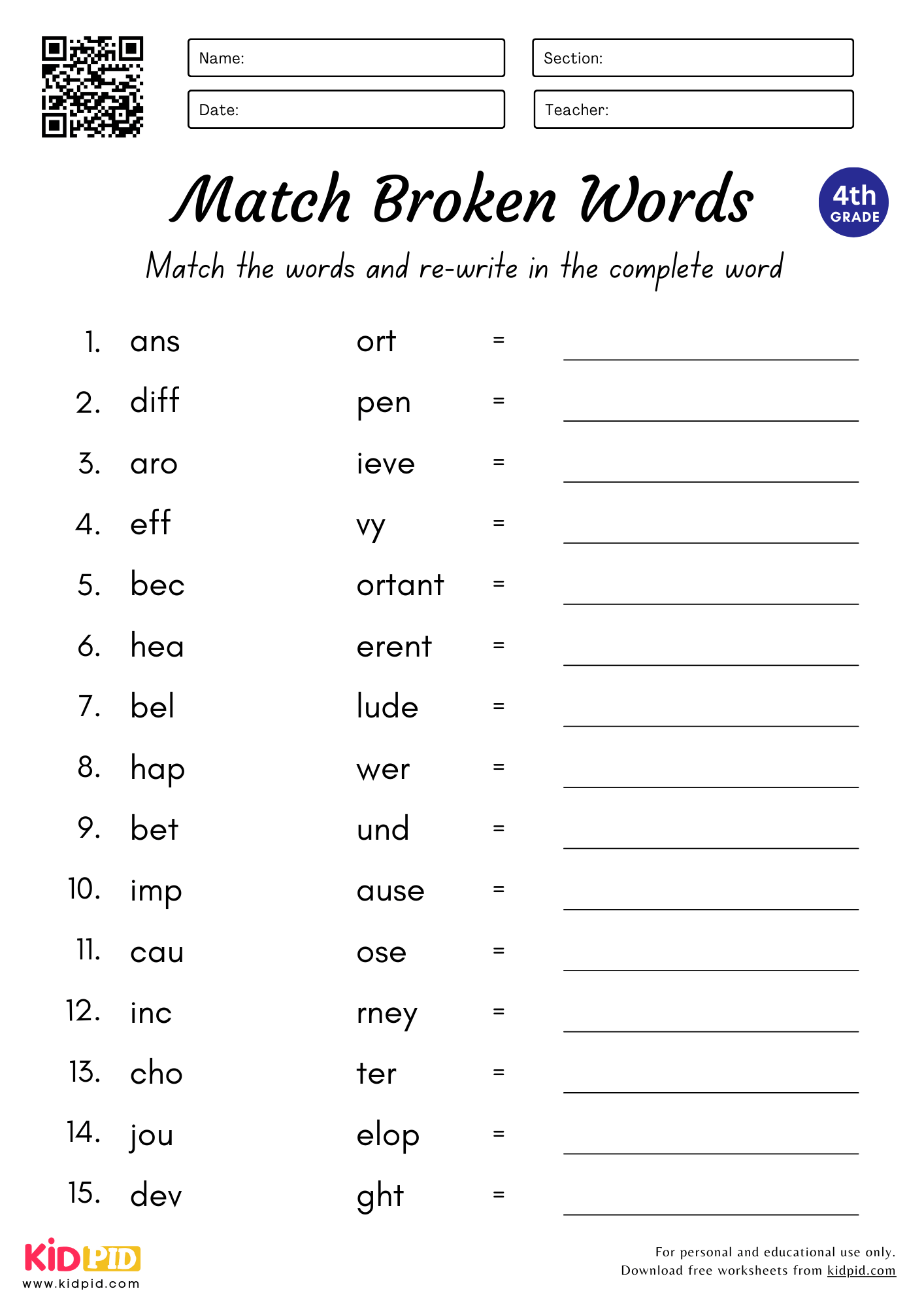 Match U0026 Complete The Words Worksheet For Grade 4 Kidpid
