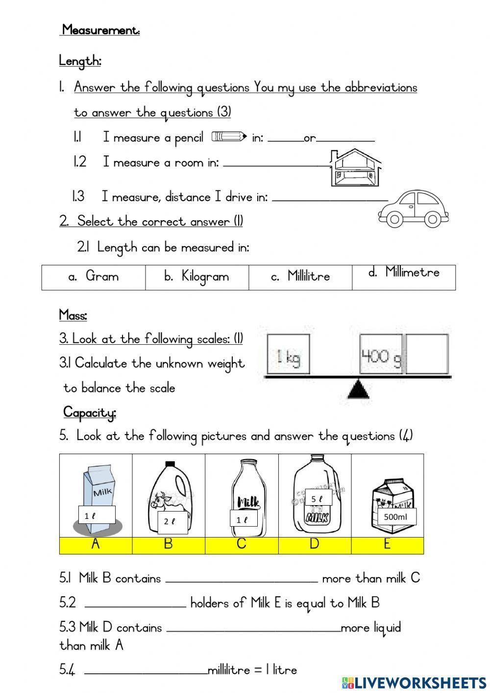 Measurement Mathematics Grade 3 Worksheet Live Worksheets 